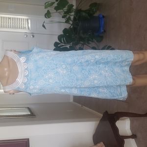 Ann Taylor Loft 8 shimmery baby blue & white floral embroidered scoop